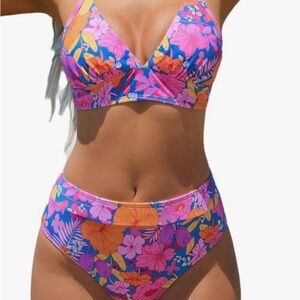 CUPSHE Bikini 2 Piece Swimsuit High Waisted Bottom Floral Print Ruffle V Neck L